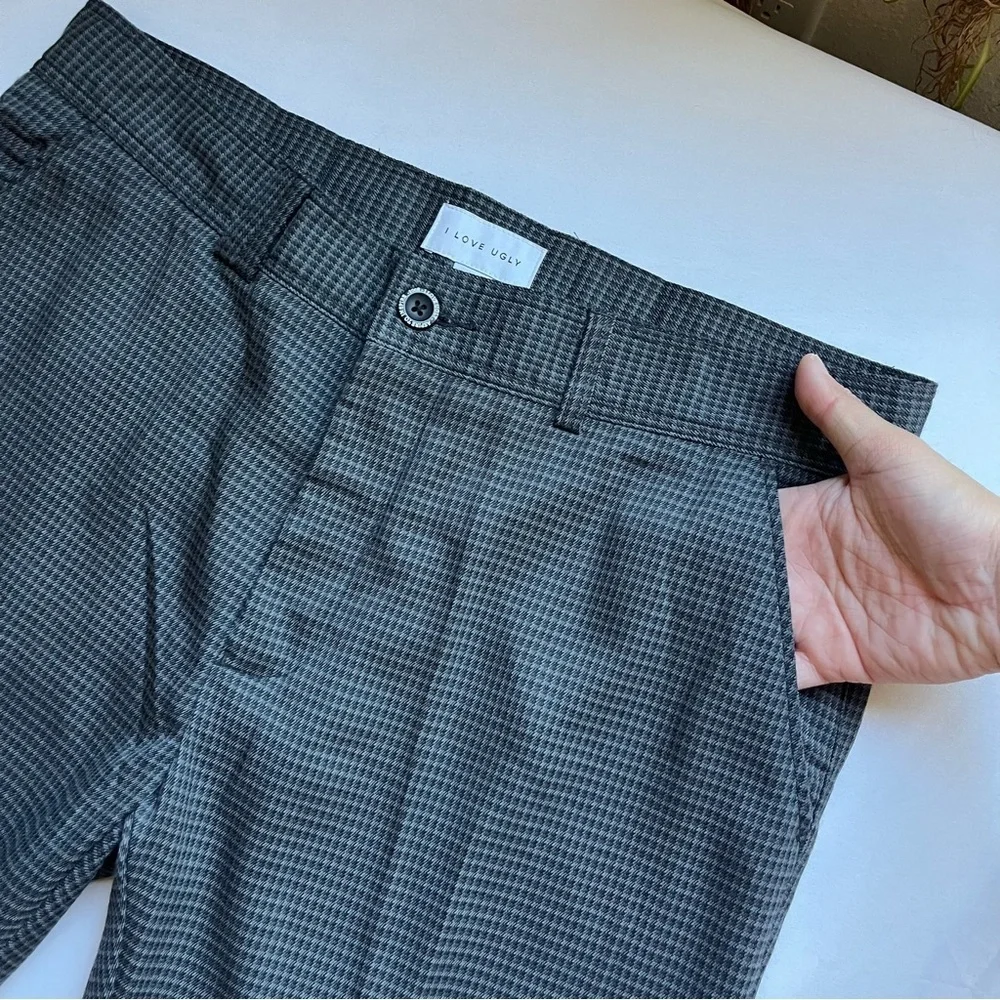 I LOVE UGLY grey plaid mens straight leg trousers‎